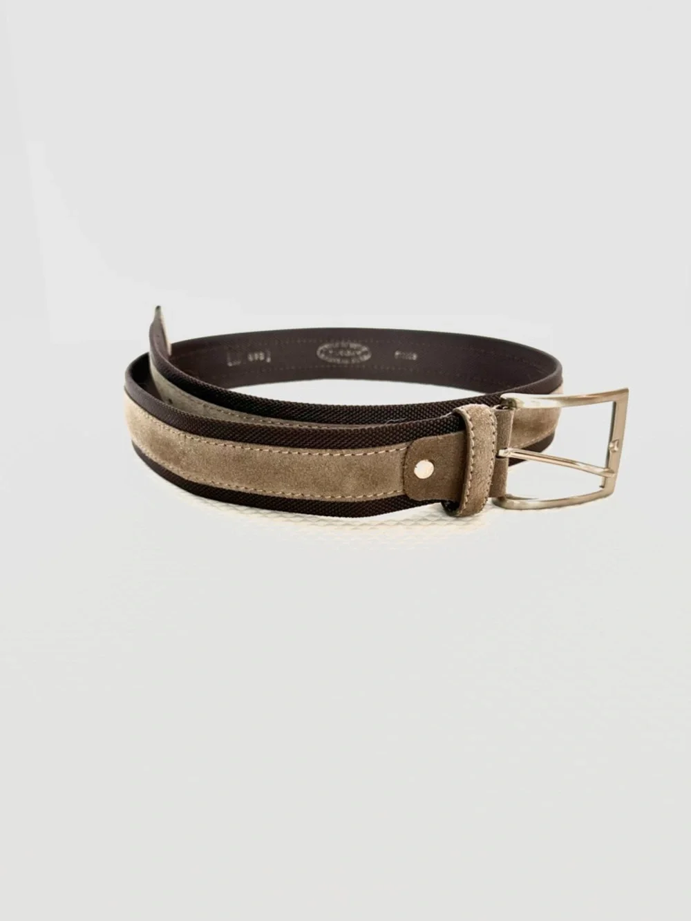 Aponte Italian Made Tan Taupe Suede Trimmed Belt‎ in Dark Brown Silver Buckle
